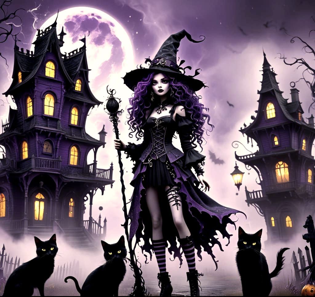 Whimsical Witch with Haunted House Digital Art