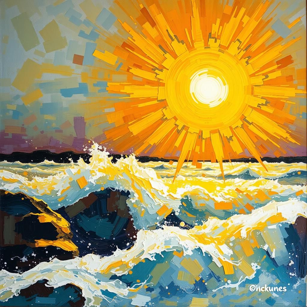 Golden Sun Over Rushing River as Impasto Gouache