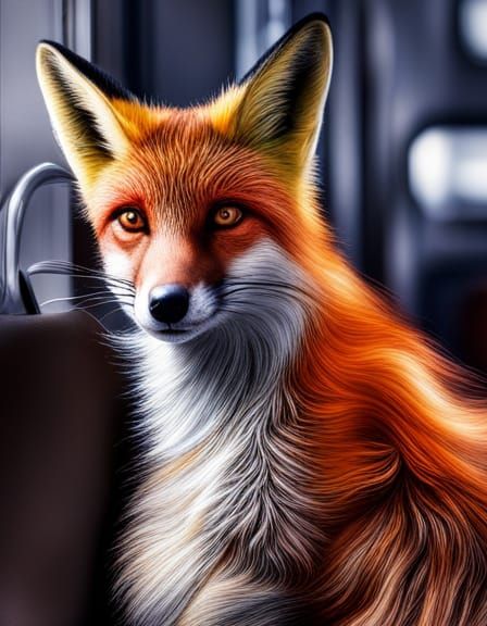 Hyperrealistic Fox in a Bus: Cinematic Still