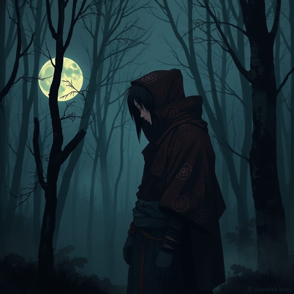 Introspective Shinobi in Mystical Moonlit Forest