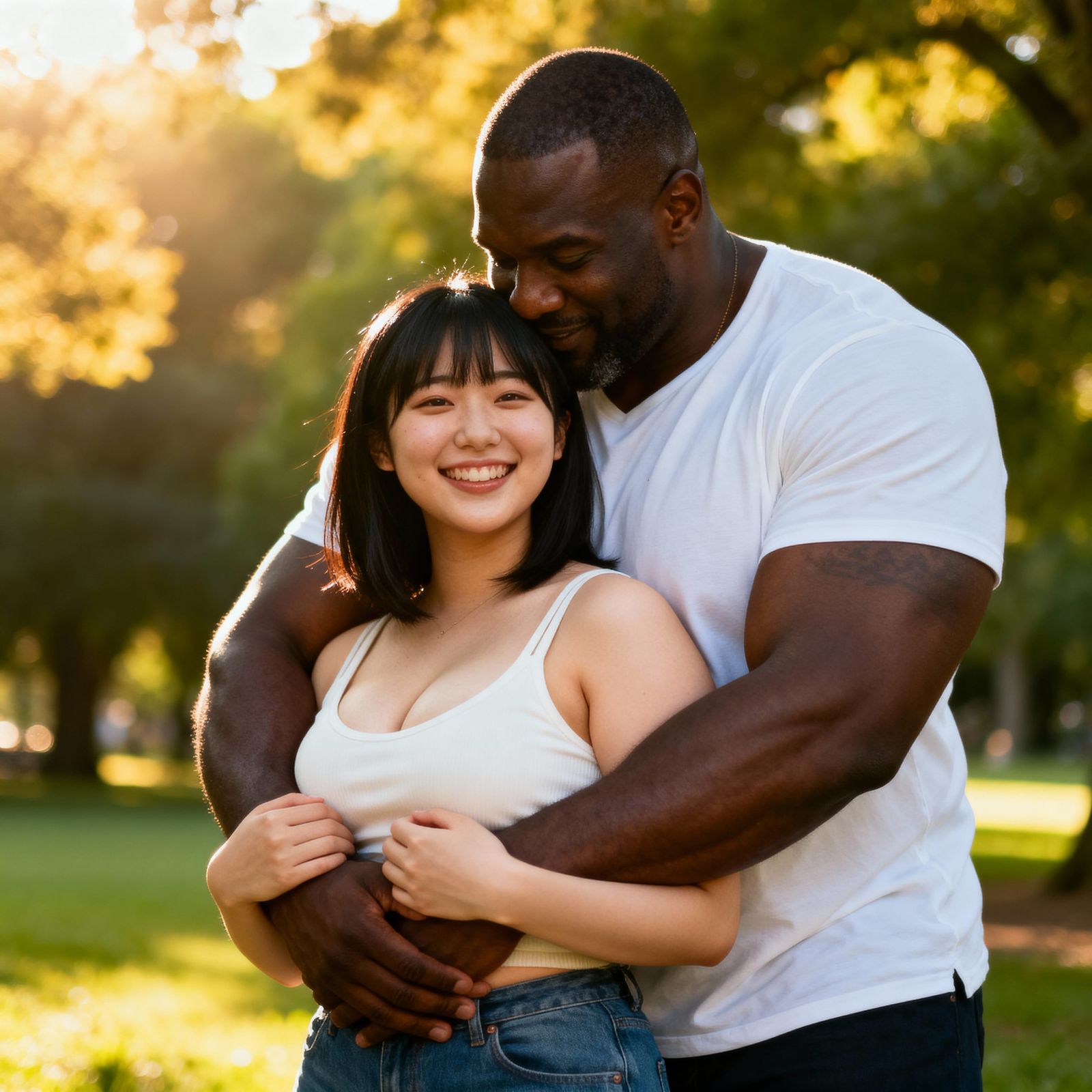 Joyful Couple Embraced in Golden Hour Park