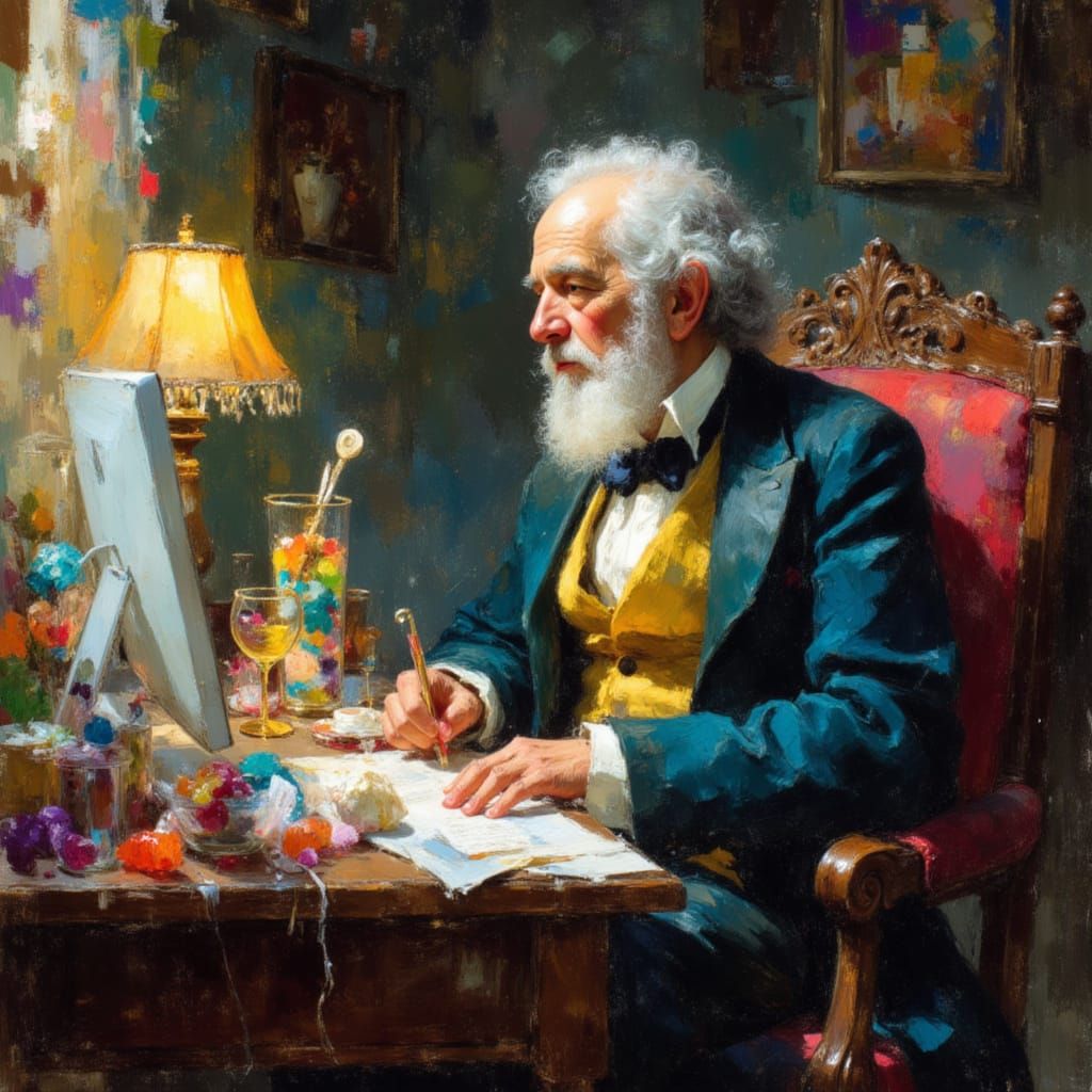 Charles Dickens Uses a Computer in Candy Art Style