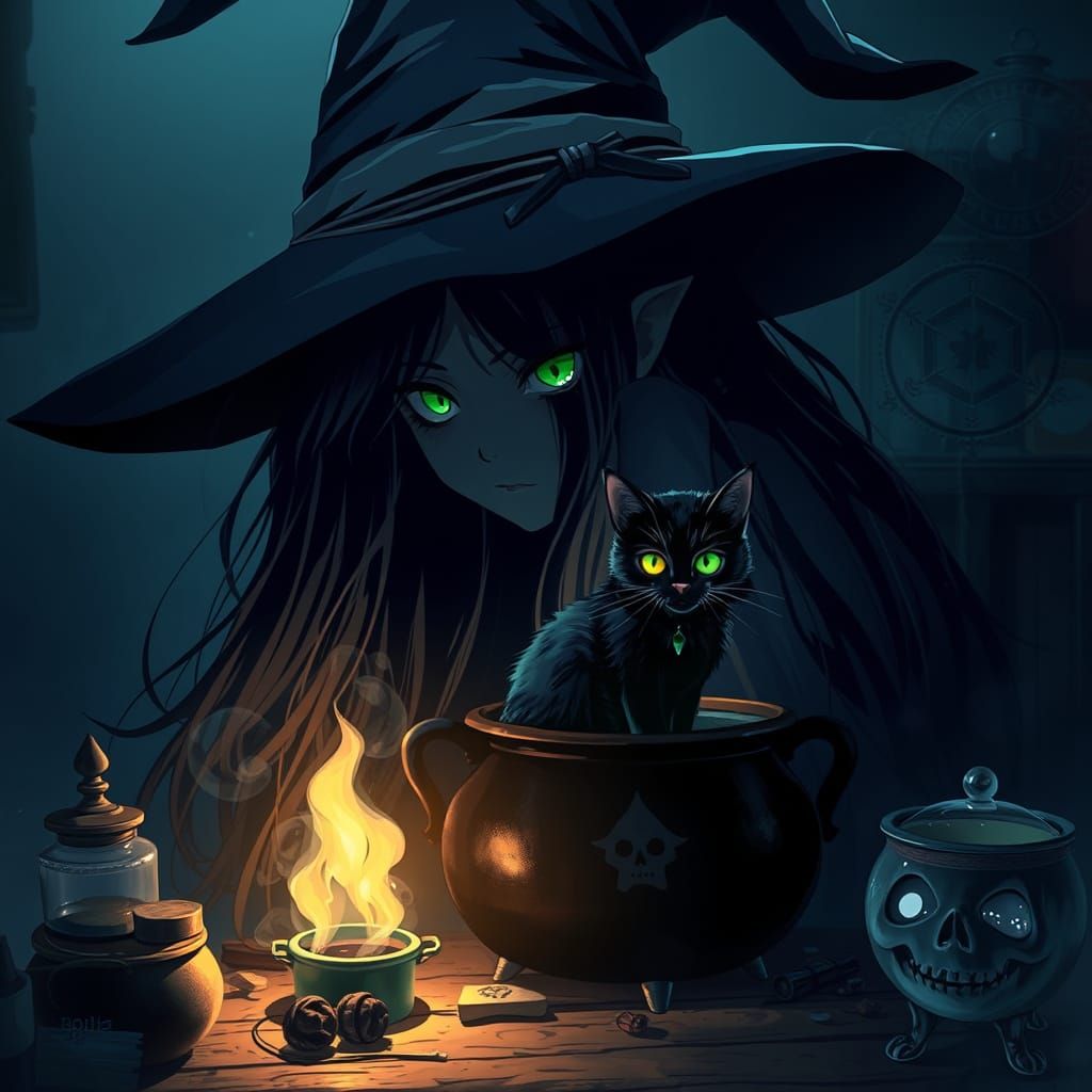 Witch's Cat in Dark Fantasy Double Exposure