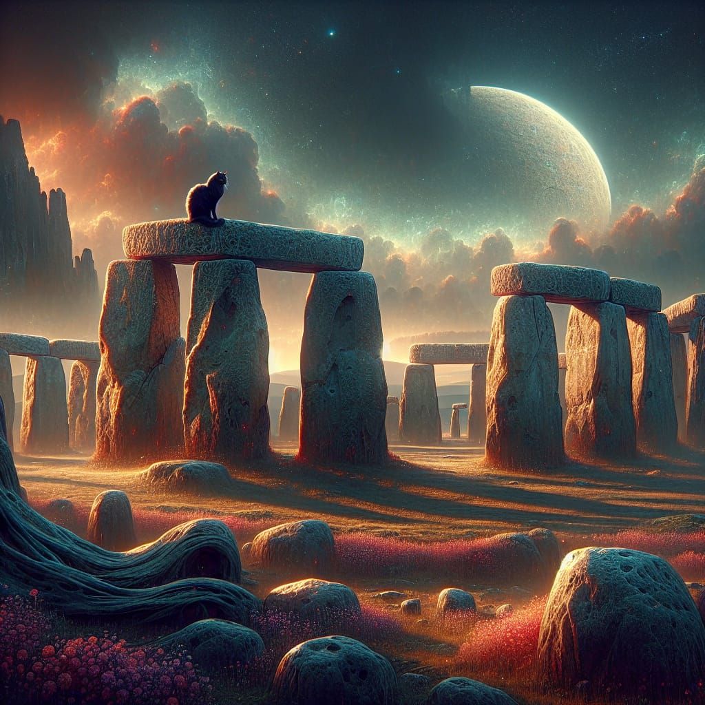 Stonehenge Shrouded in Mystery with Black Cats