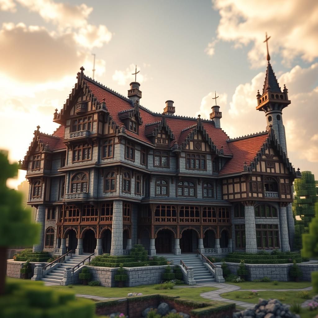 Majestic Multilevel Minecraft Medieval House in Sunlight