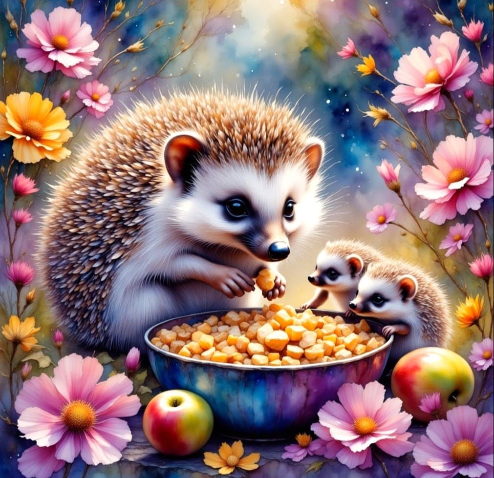 Adorable Hedgehog Family in a Whimsical Watercolor Garden