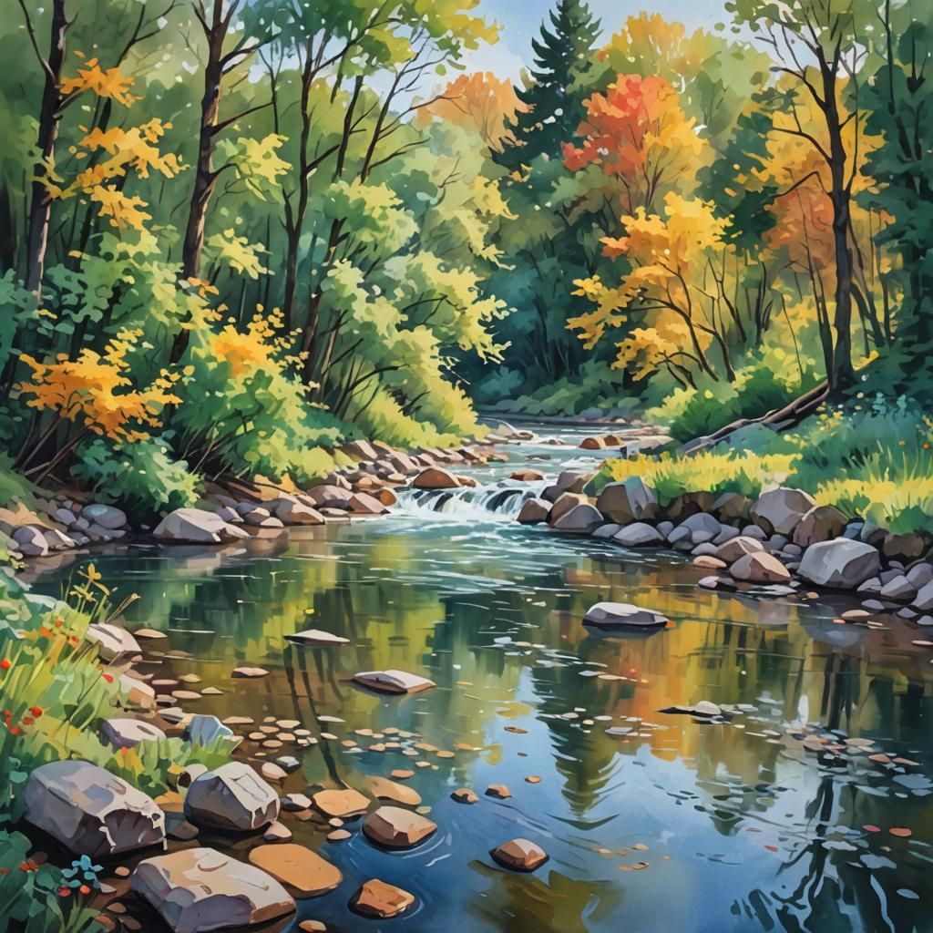 Multicolor River Scene in Gouache Style