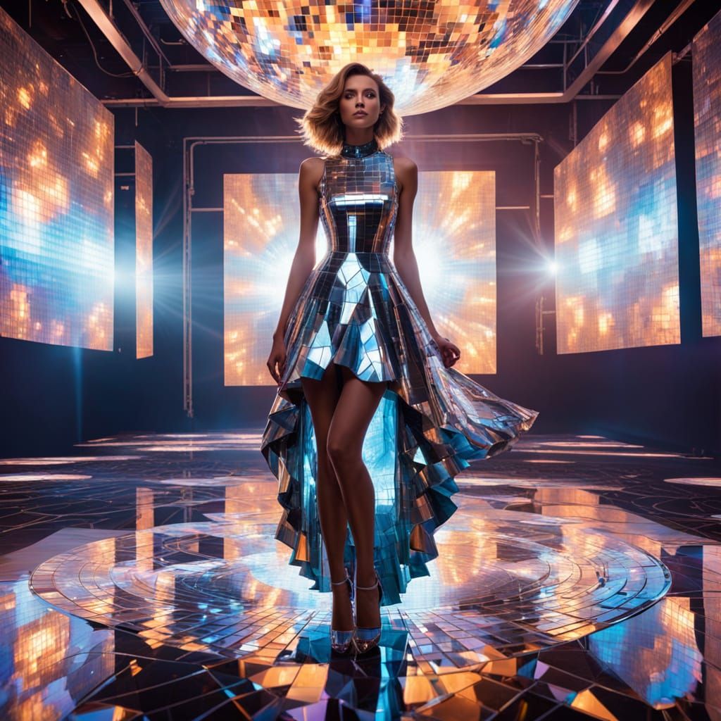 Futuristic Fashion: Woman in Mirror Dress on Disco Floor