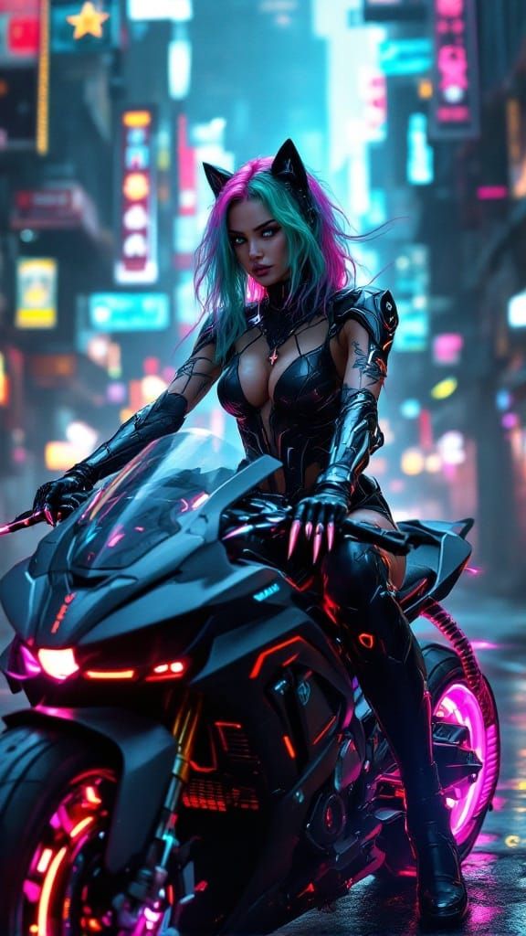 Cyberpunk Rebel Sits atop High-Speed Hoverbike in Neon Under...