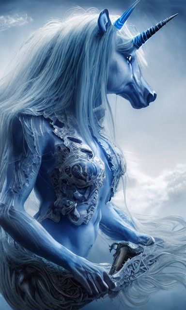 Blue and White Unicorn in Art Nouveau Style