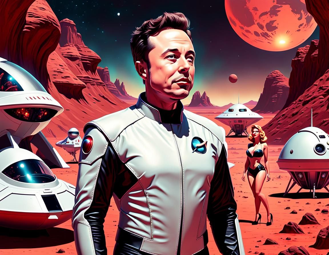 Elon Musk on Mars: Retro Sci-Fi Caricature