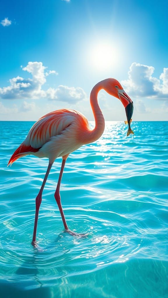 Flamingo Catching Fish in Shimmering Blue Water