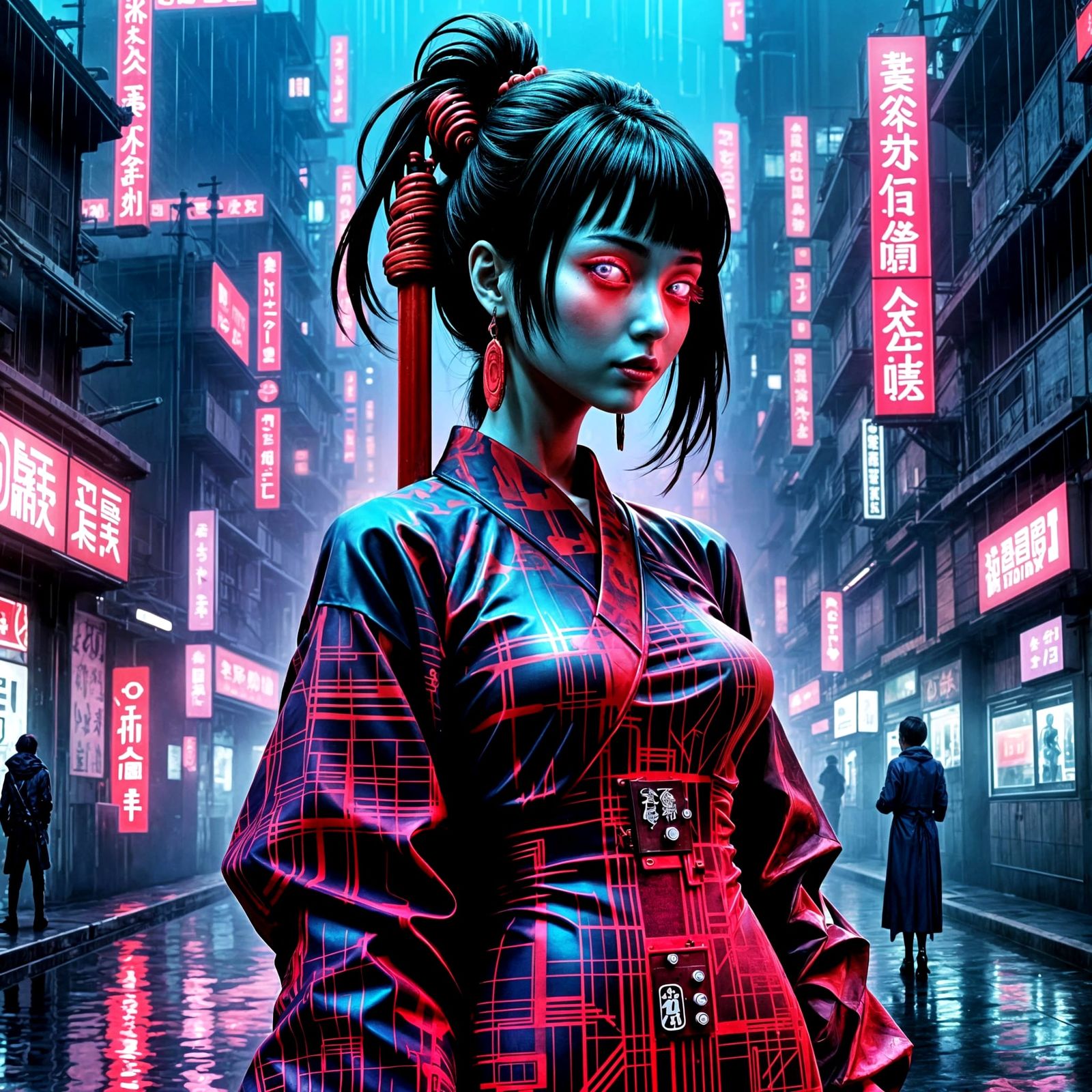 Cyberpunk Geisha in a Dystopian Metropolis