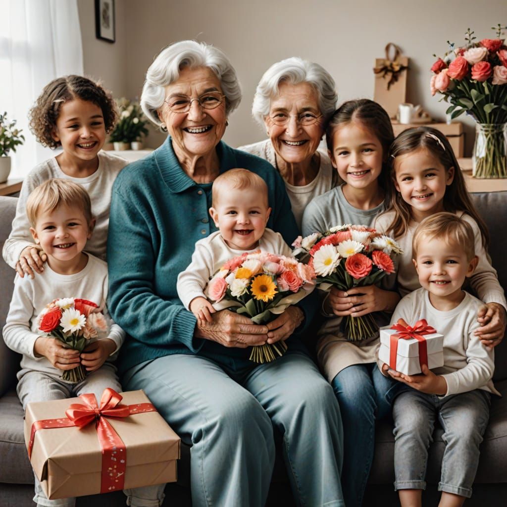 Grandmother Surrounded by Grandchildren with Gifts