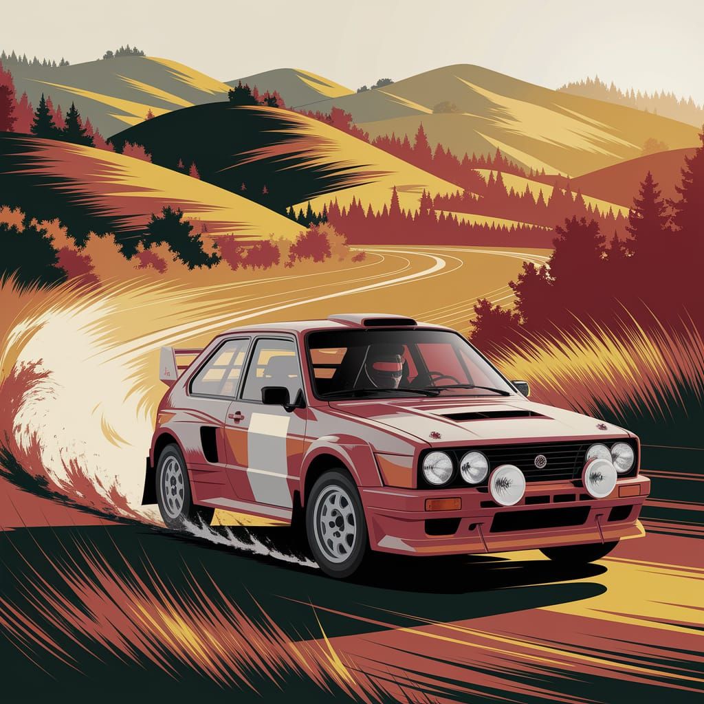 Rally Car in Sun-Drenched Landscape