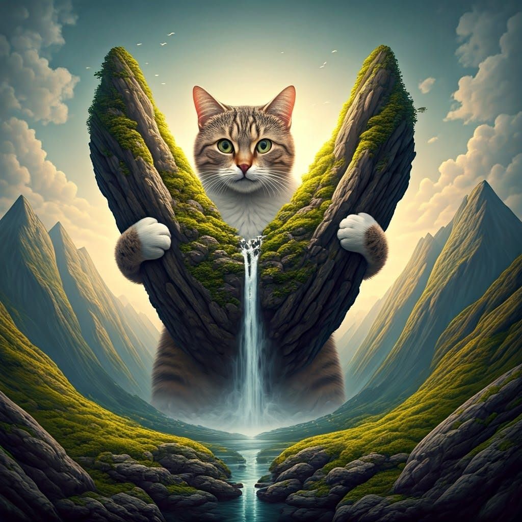 The Ethereal Feline, Holding Majestic Mountains in its Paws