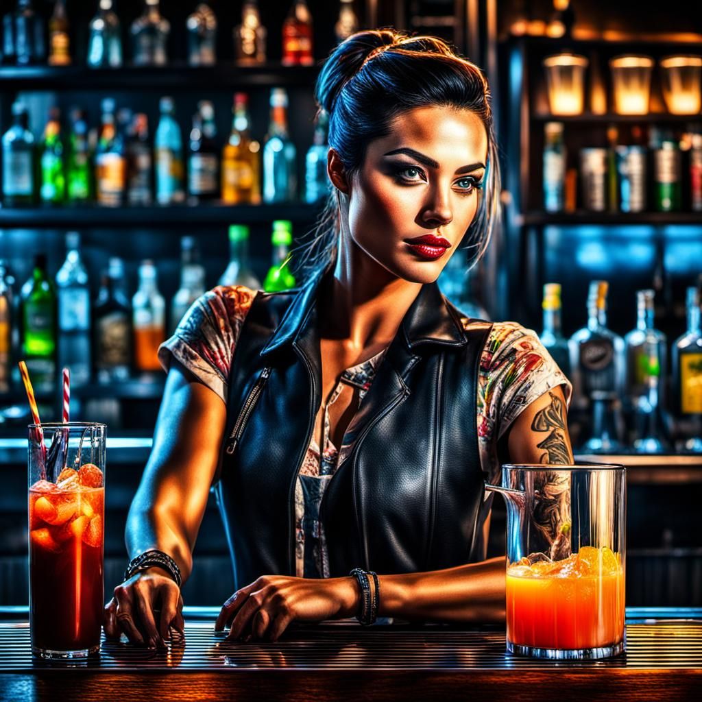 Hyperrealistic Bartender Girl with Intricate Details