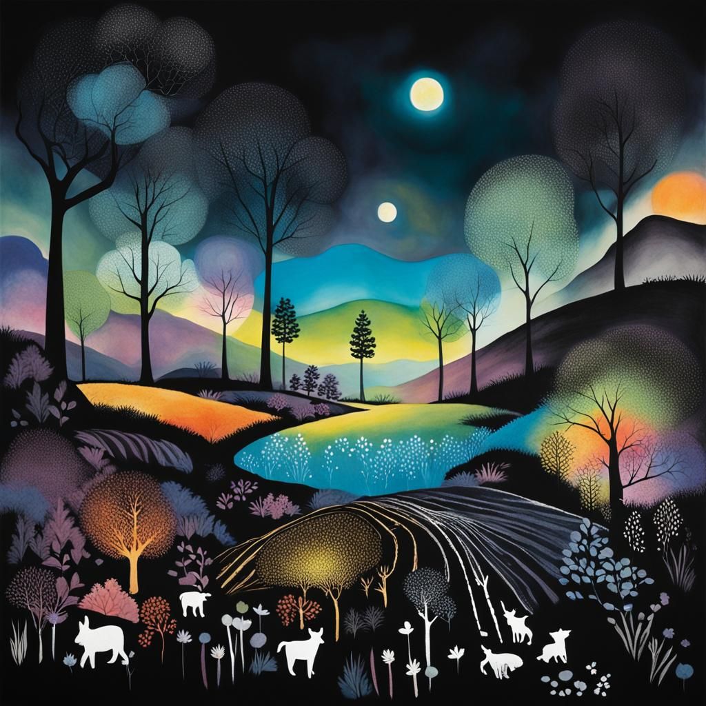 Dreamlike Landscape in Photogram Style, Red Crayon Trees