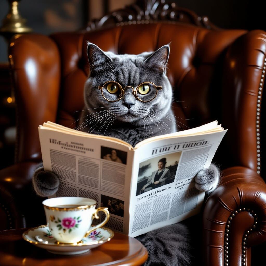 Sophisticated Gray Cat Reads Newspaper in Retro Style