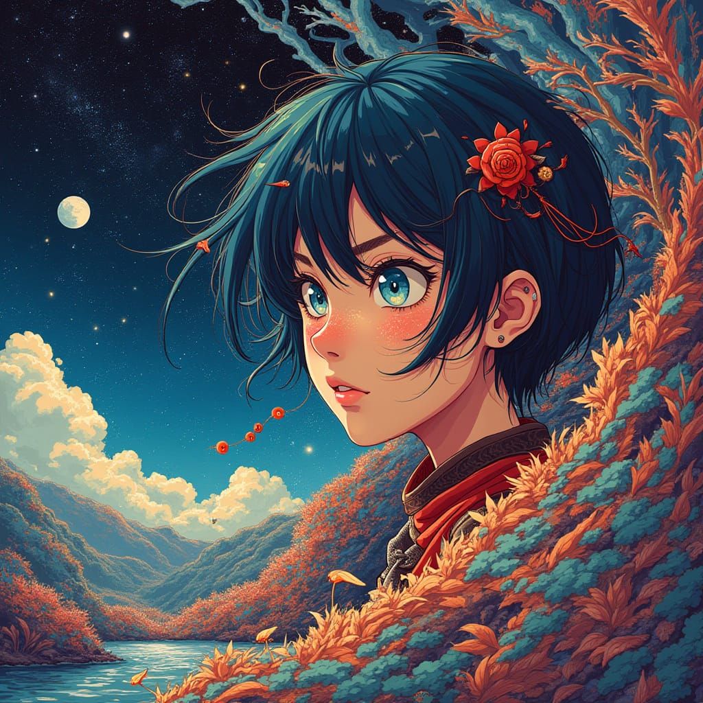 Surreal Anime Goddess Amidst Whimsical Landscapes