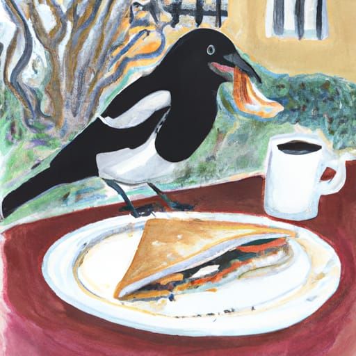 Magpie Nibbling Sandwich: Gouache Painting Outside Coffee Sh...