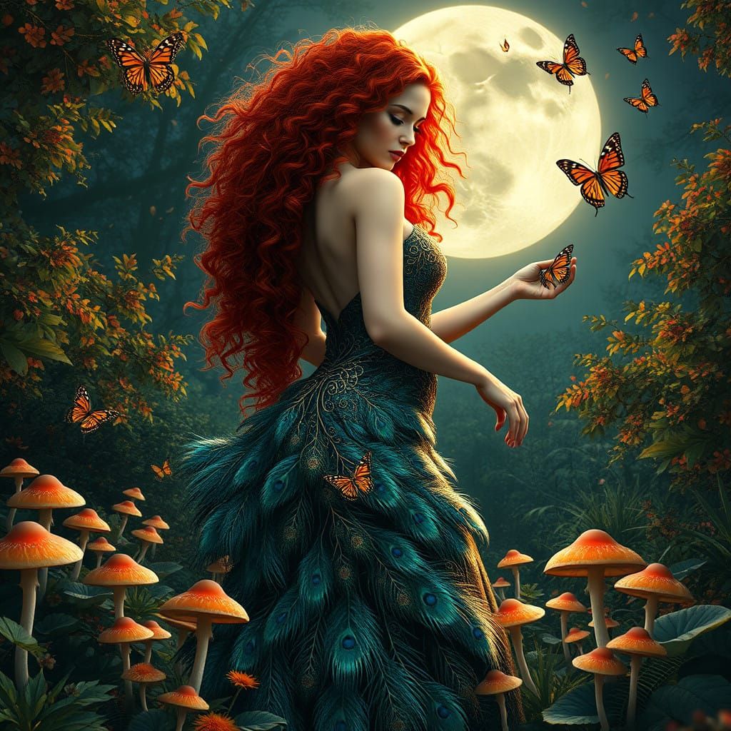 Goddess of Nature in Iridescent Feather Gown with Full Moon...