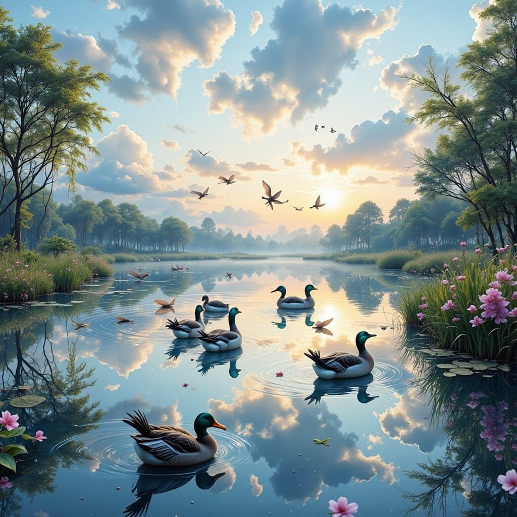 Waterfowl in Serene Marshland: Impressionist Twilight Sky