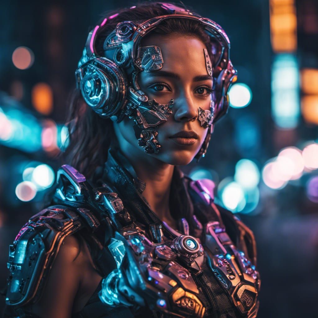 Cyborg Girl in Neon City, Hyperrealistic Portrait