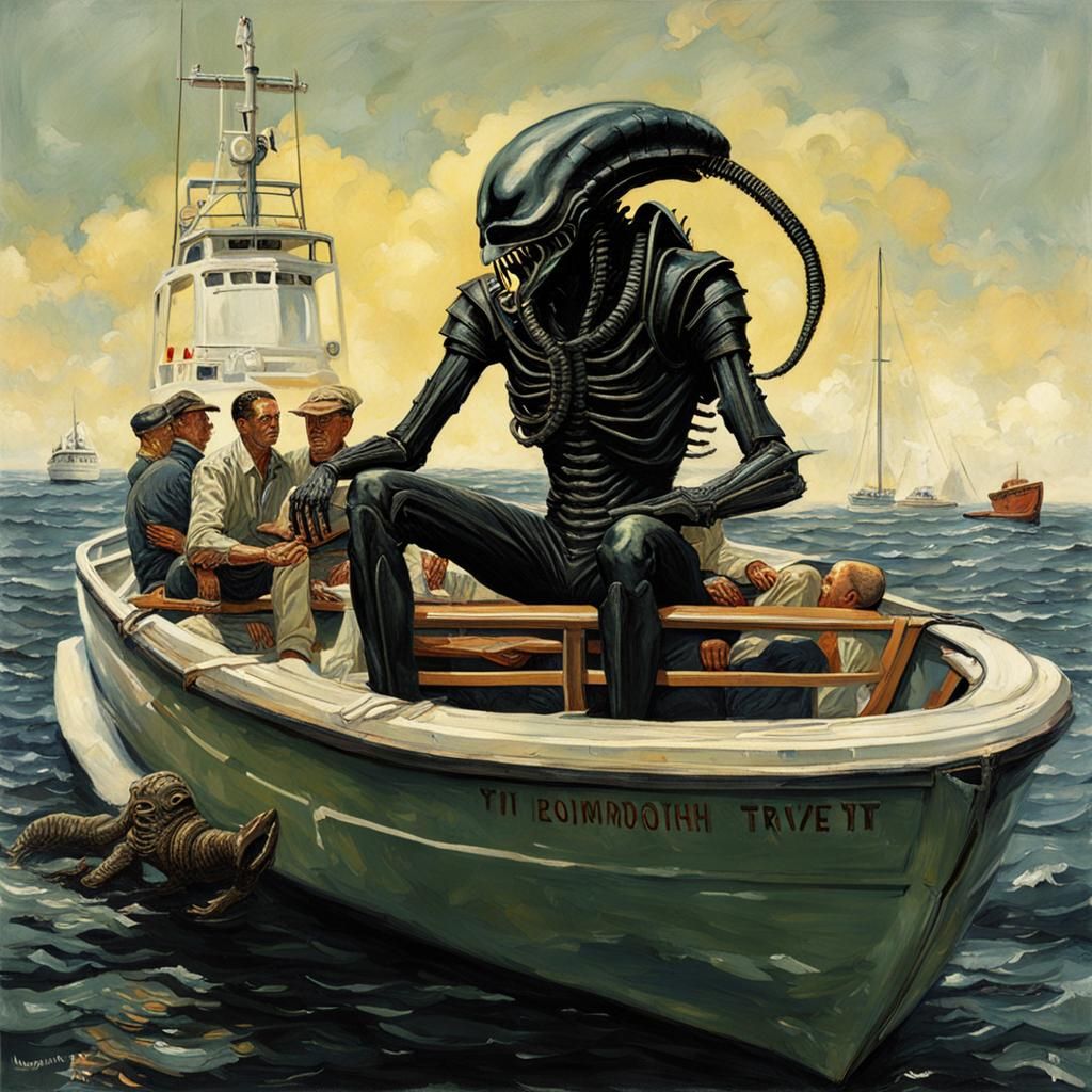 Xenomorph on a Boat in Norman Rockwell Style