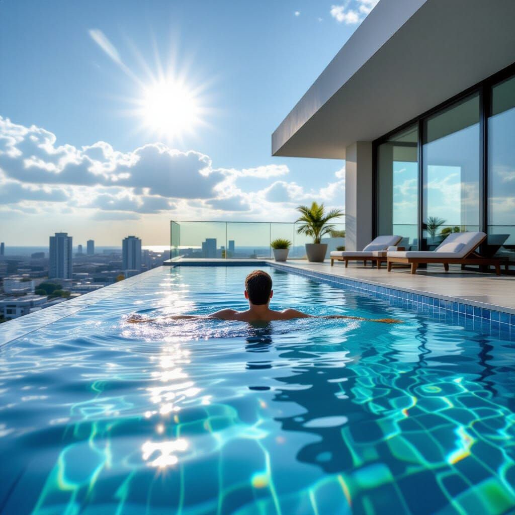 Person Swimming in Glass Balcony Pool, Hyperrealistic Splash...