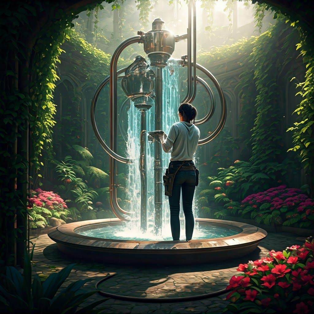 Sonic Fountain Designer in Lush Garden, Fantasy Art