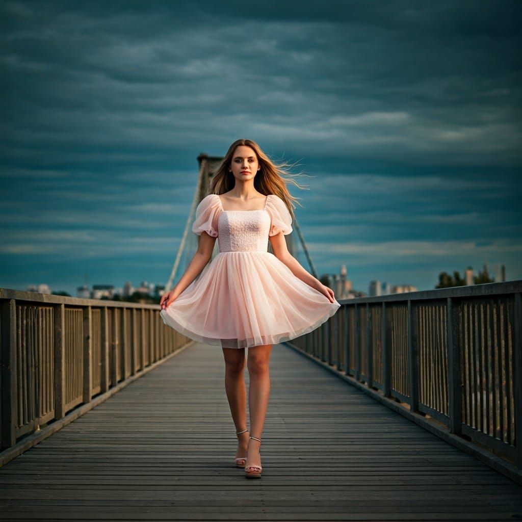 Young Man in Elegant Tulle Dress on a Bridge
