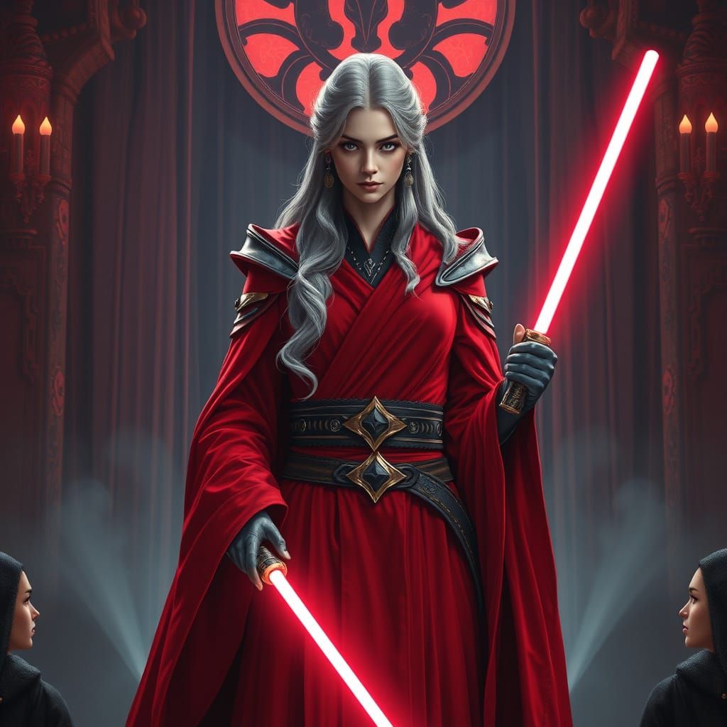 Sith Empress in Red Robes with Twin Lightsabers
