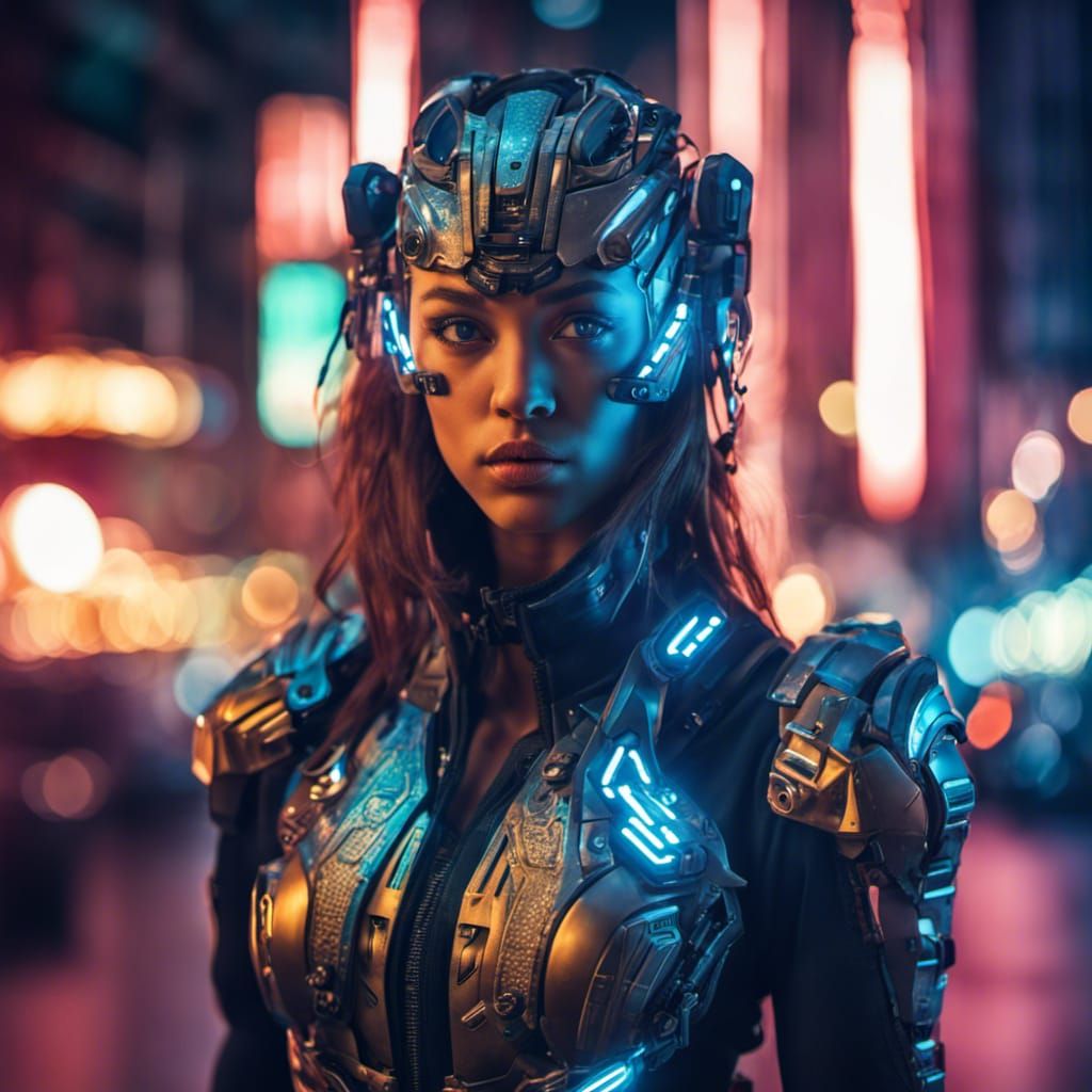 Cyborg Girl Portrait in Neon City, Hyperrealistic Style