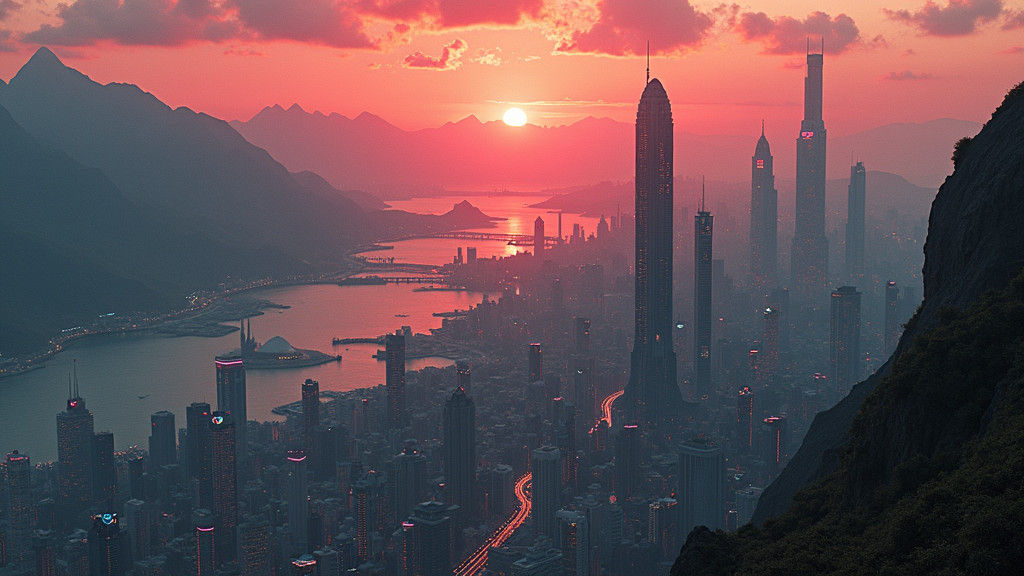 Dystopian Coastal Metropolis at Sunset in Mixed Styles