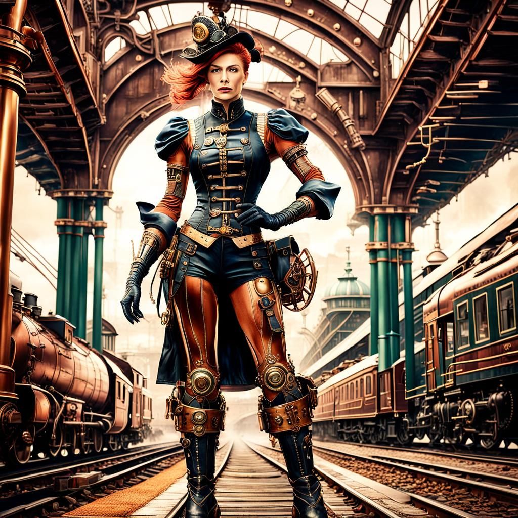 Steampunk Woman at Train Station in Retrofuturistic Style