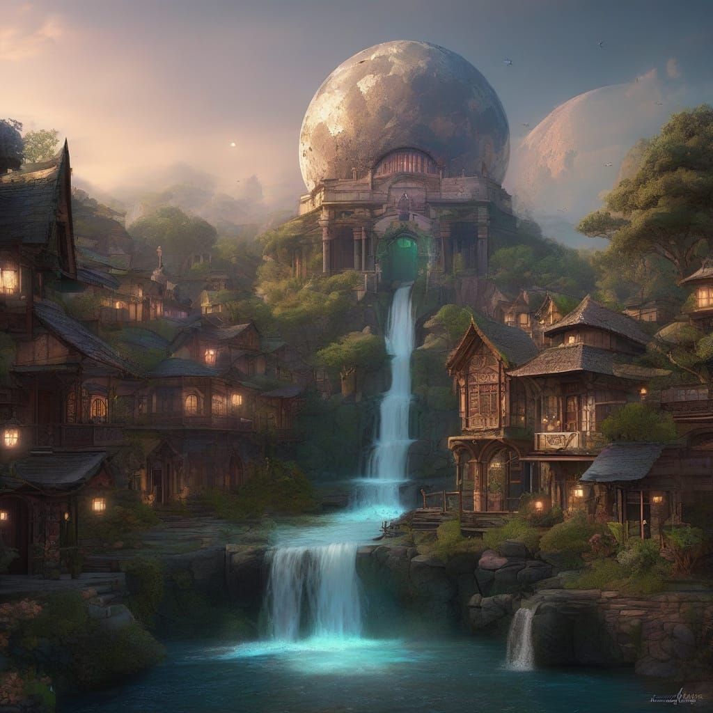 Crescent Moon Fairy Village: Fantasycore Digital Art