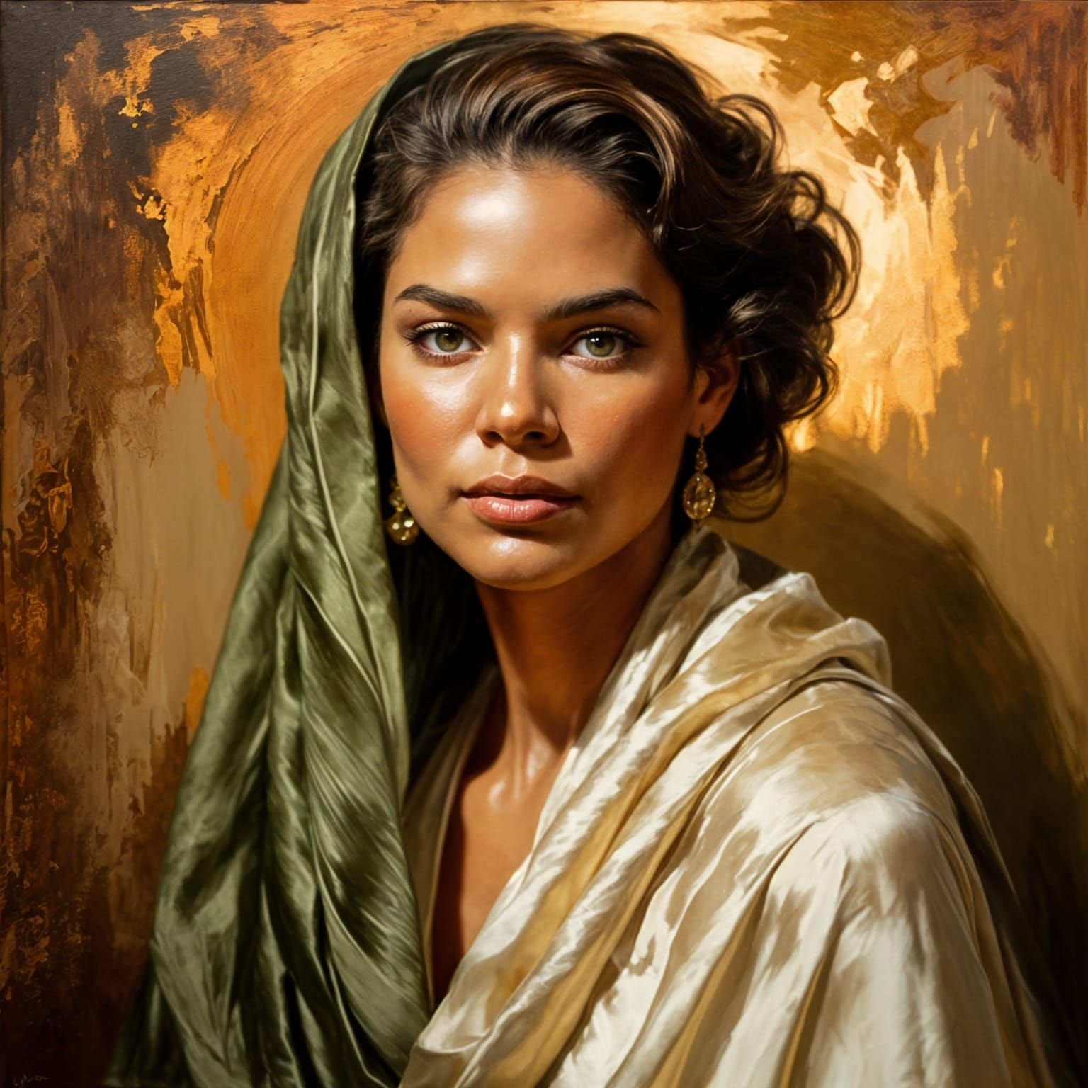 Oil painting. Close up. Veronica Webb wears a cream gown and olive green shawl. Medium shot. Vintage elegance. Soft brus...