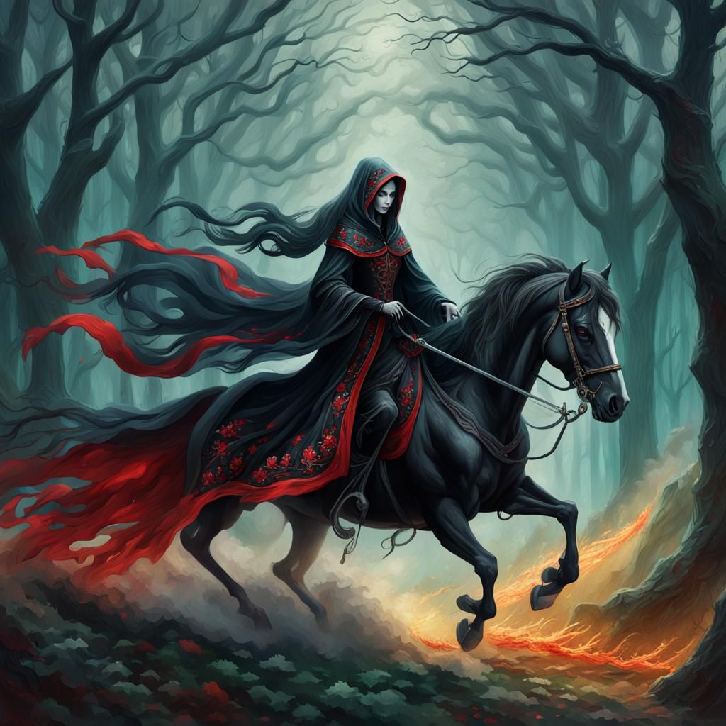 Medieval Grim Reaper Huntress on Black Horse