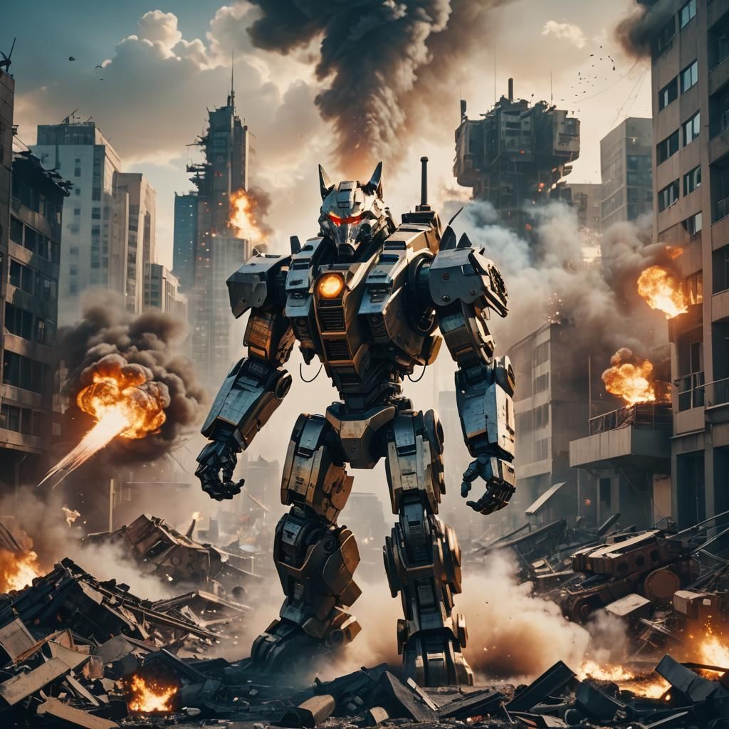Giant Robot Wolf Destroys City in Sci-Fi Photo