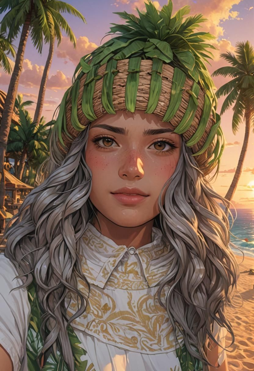 Tropical Beach Sunset in Anime Style