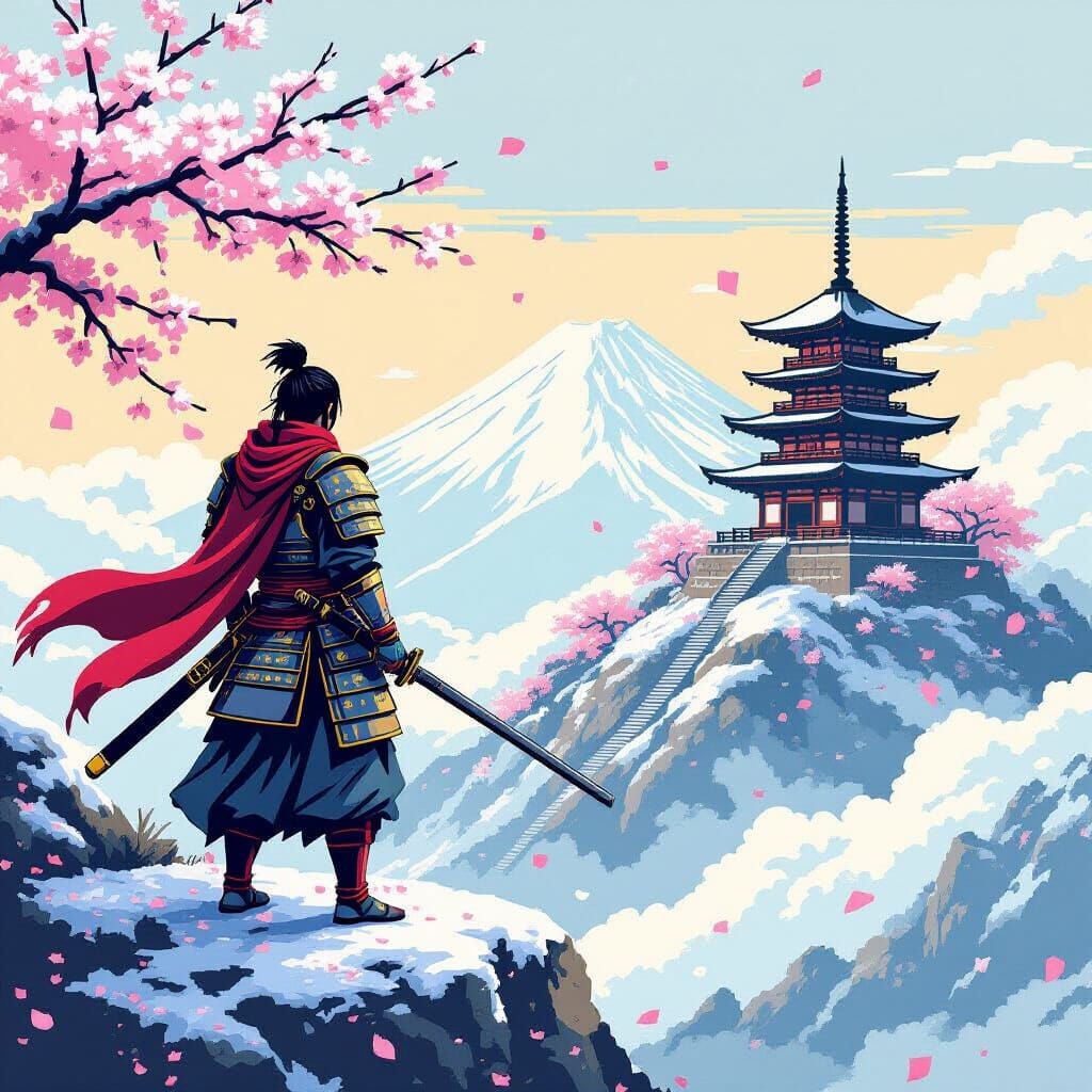 Samurai on Snowy Peak in Pixel Art Style