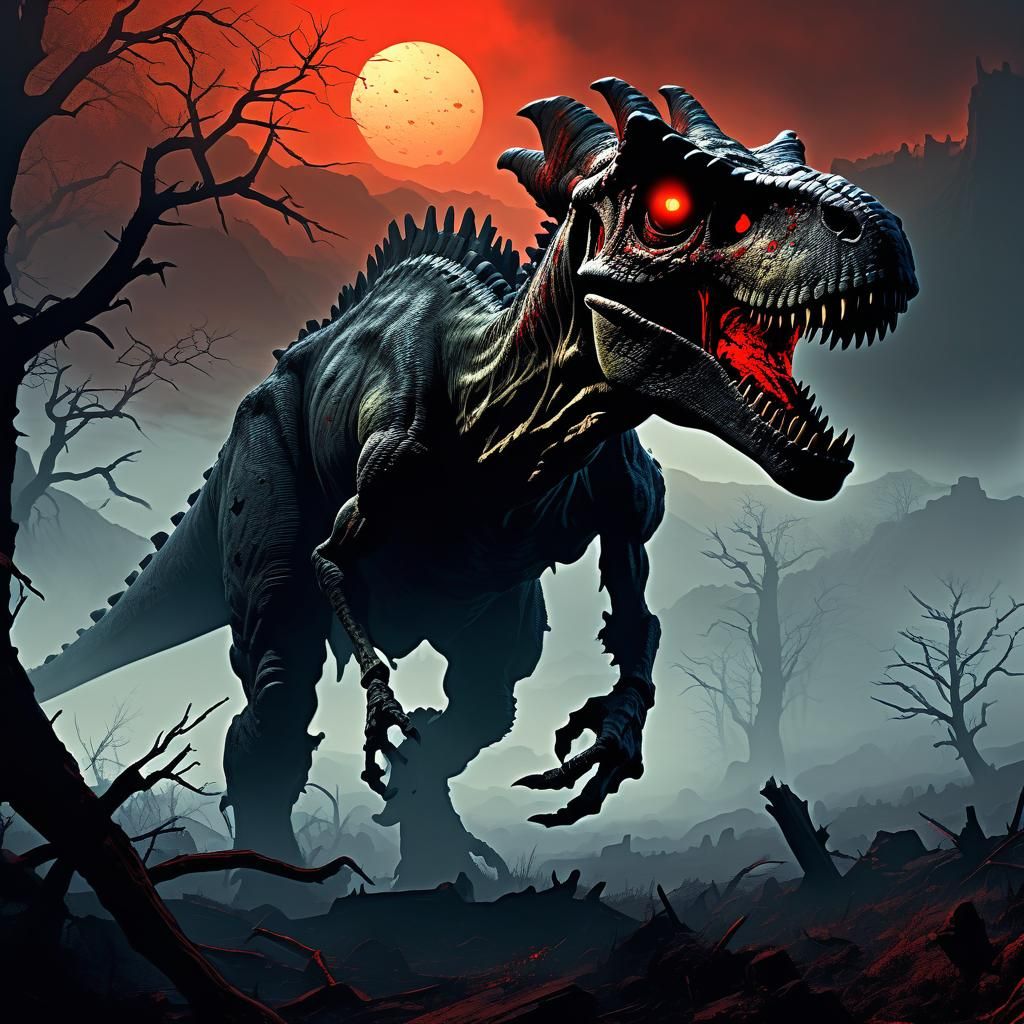 Dark Fantasy Zombie Dinosaur in a Misty Valley
