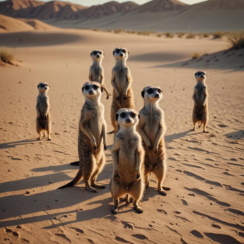 Meerkats Standing Tall in Desert Landscape