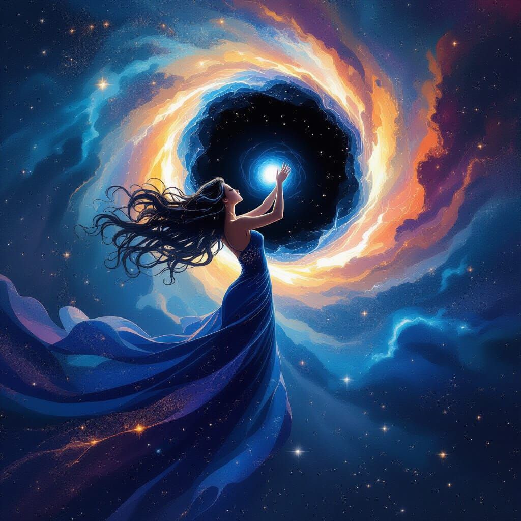 Celestial Woman Embraces Black Hole in Cosmic Art