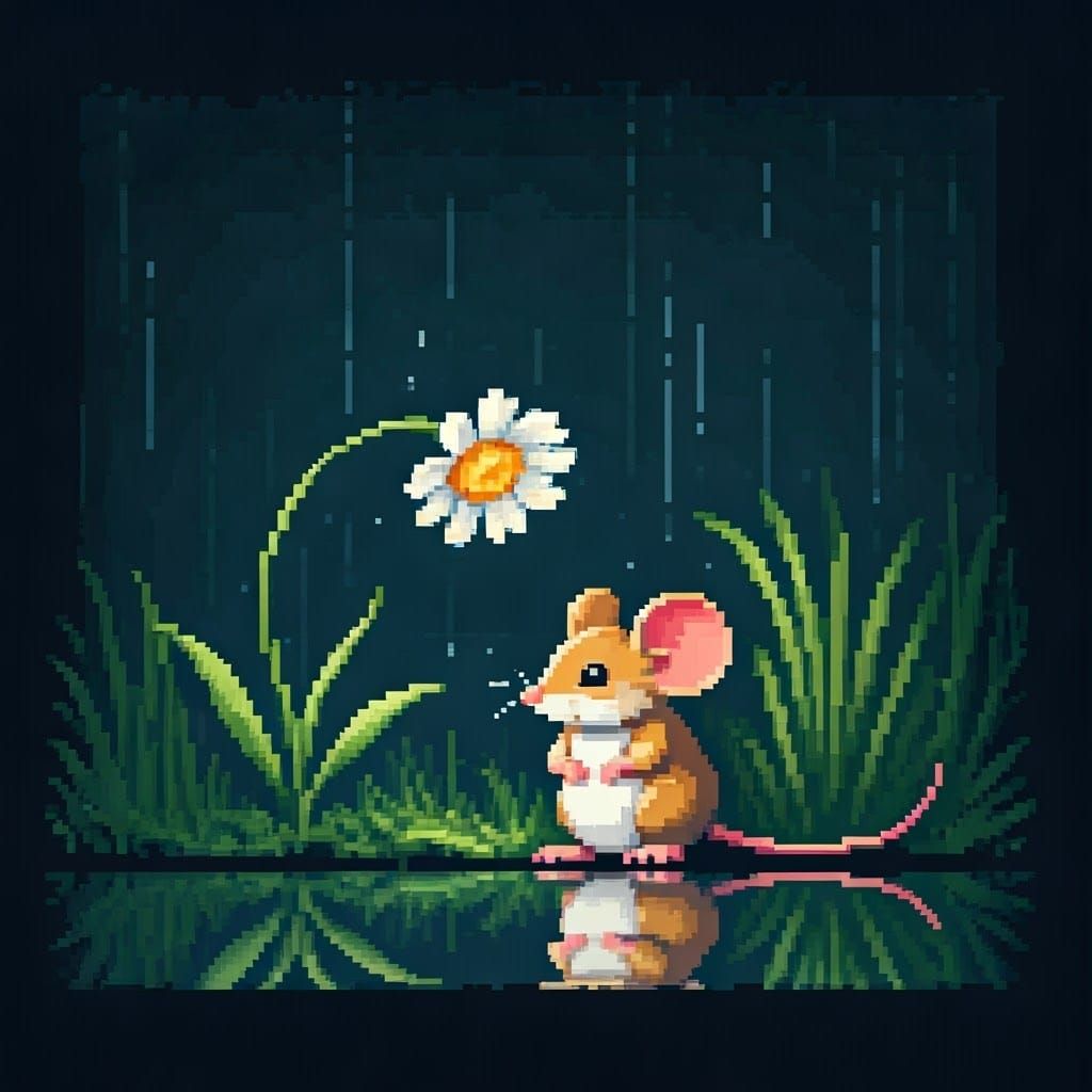 Cute Mouse Under Flower: 16-bit Pixel Art