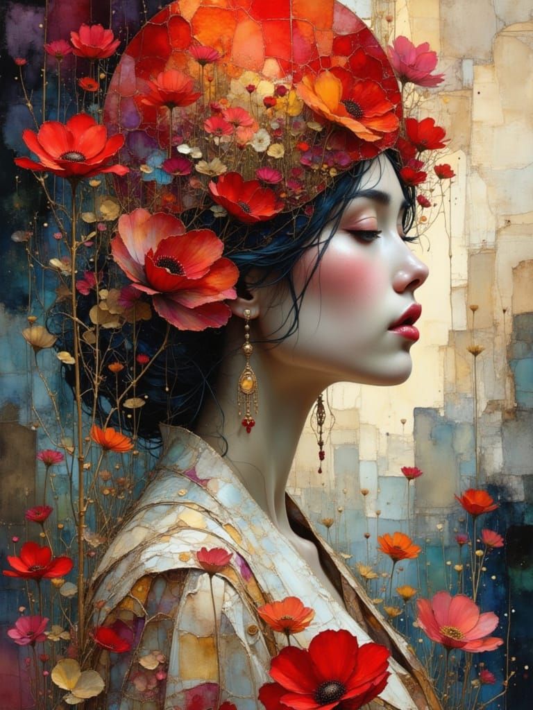 Ethereal Princess Gazing at Red Moon in Flowered Hair