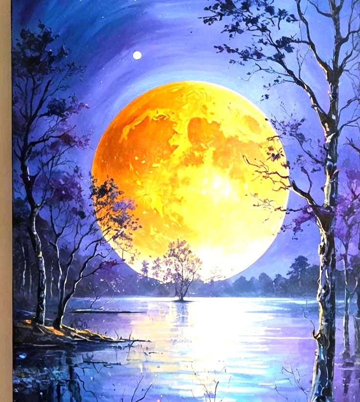 Moonlit Lake in Acrylic Painting Style