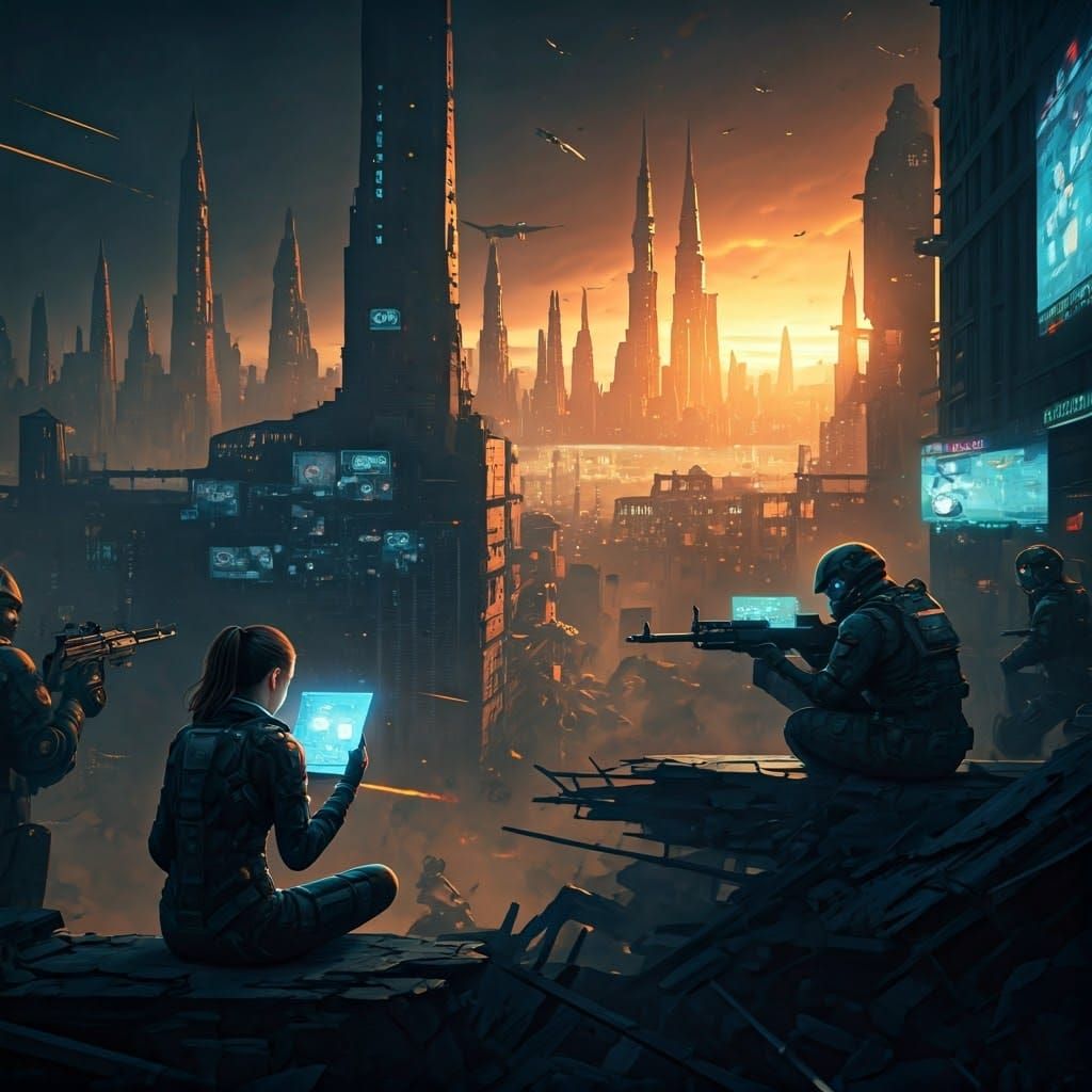 Futuristic Warfare in a Ruined Cyberpunk City