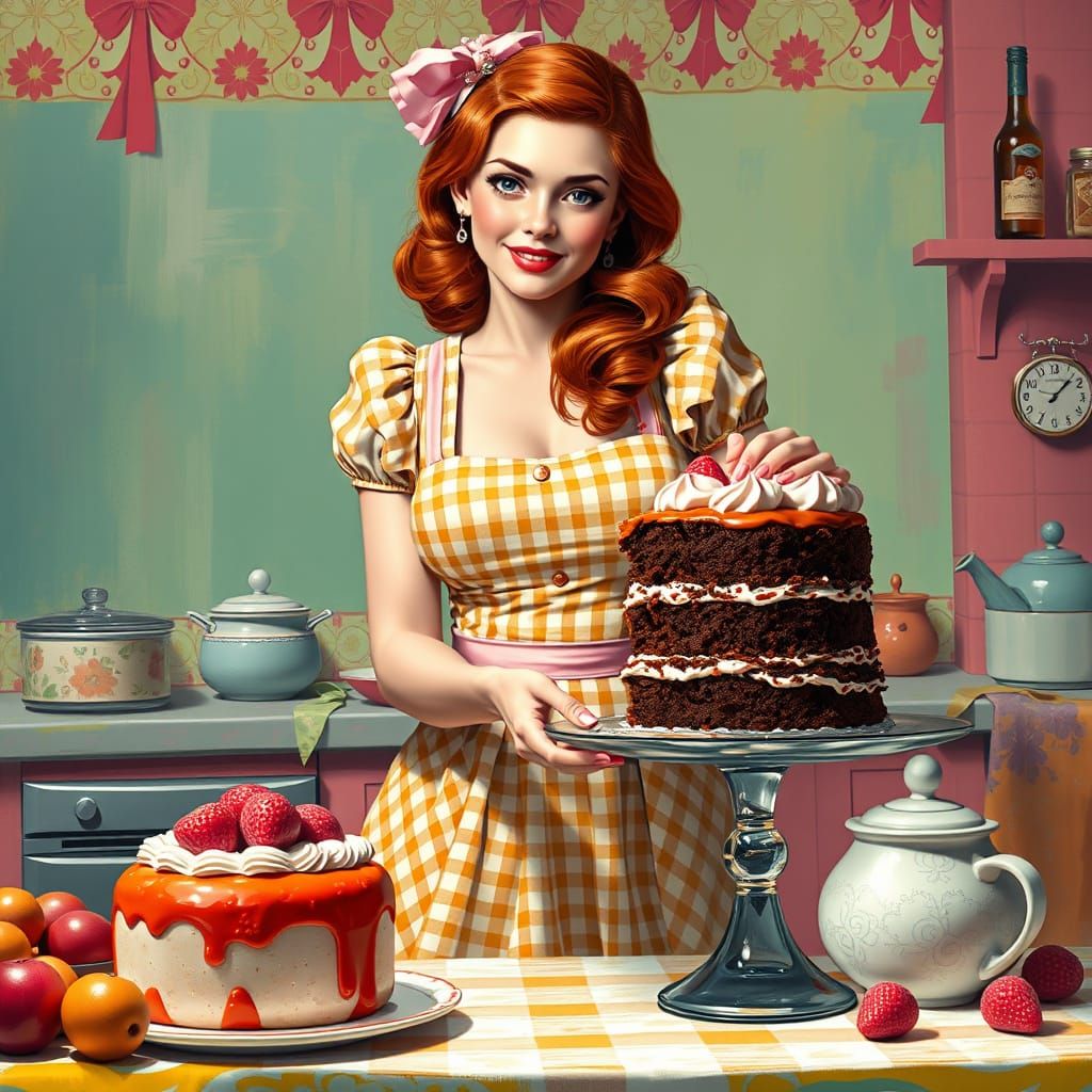 Redhead Tradwife Baking Cake in Hyperrealistic Style